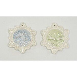 Set of 2 Vintage Snowflake Ornaments Ceramic Winter Scenes 3D Duncan 3.5” White